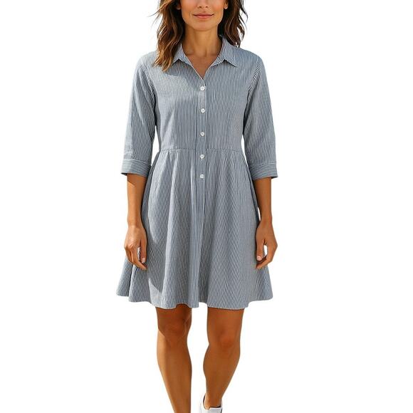 Ann Taylor Dresses & Skirts - Ann Taylor Striped Dropwaist Cotton Shirt Dress Blue White 3/4 Sleeves Knee 12 L